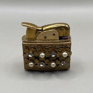 Vintage Evans Ladies Floral Rhinestone & Pearl Gold Tone Lighter READ